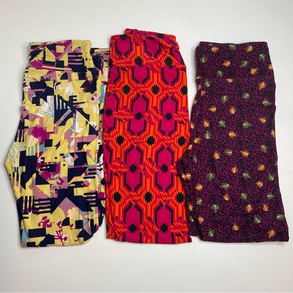 LuLaRoe Leggings OS One Size Set of 3 Yellow Abstract Pink Aztec Purple Vine - Picture 1 of 7